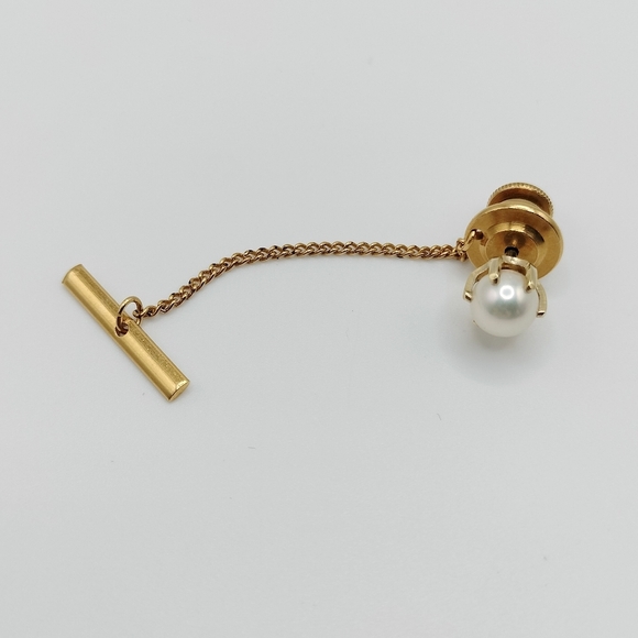 Vintage Golden Pearl Tie Tack 1960s Pin Men's Suit Formal Classic Luxury - Picture 1 of 7